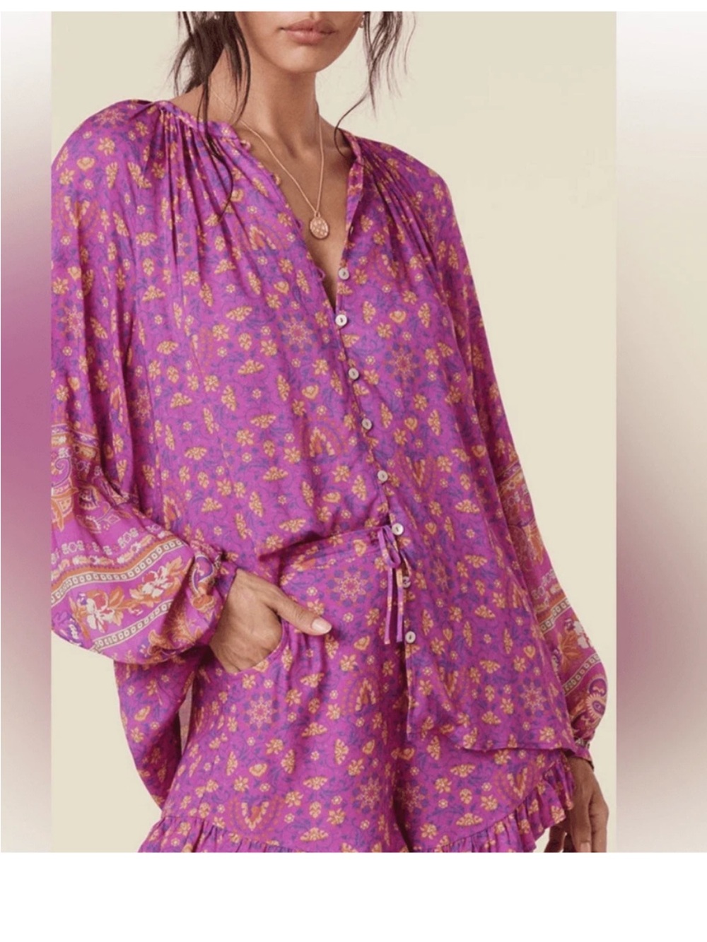 Spell Purple & Gold Floral Button-Front Blouse